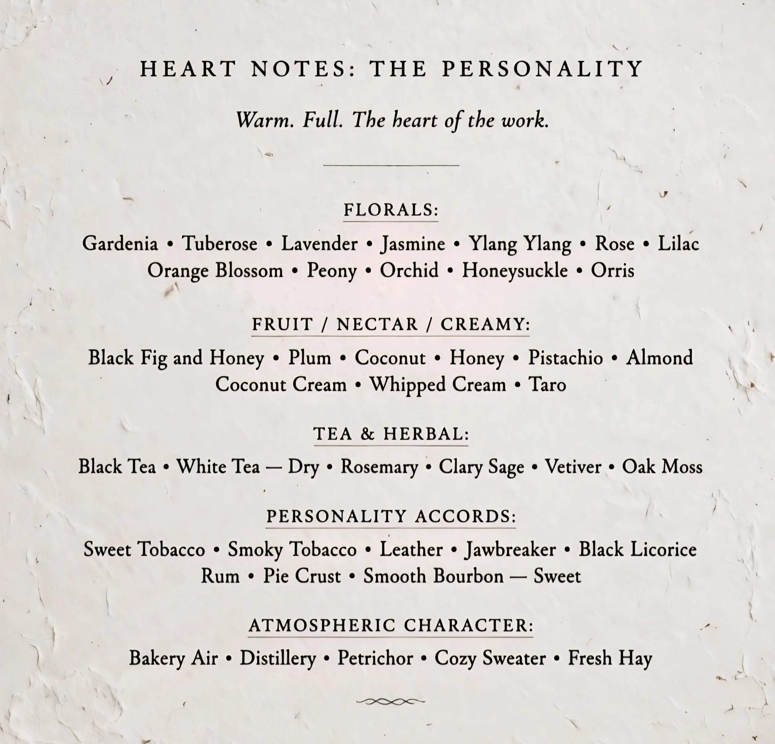 A menu listing various perfumes, teas, and atmospheric scents, including heart perfumes, floral scents, fruity and herbal scents, personality accords, and atmospheric characters.