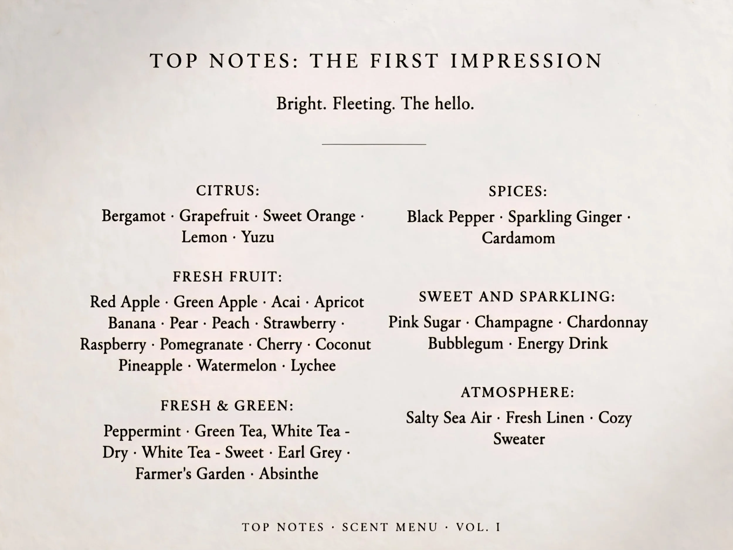 A list of menu items including flavors, fruits, spices, drinks, and atmosphere descriptions, formatted with headings and bullet points.