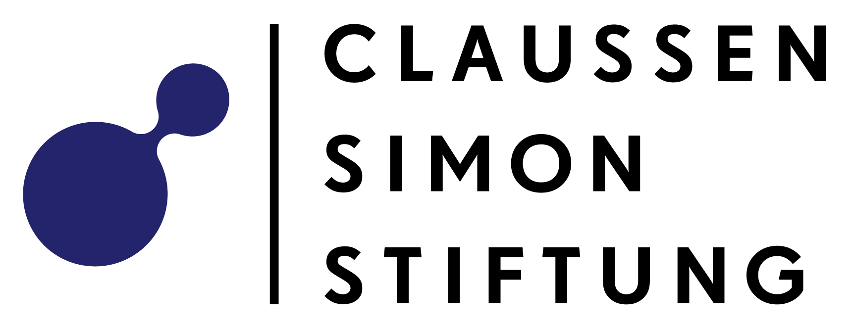 Das Logo der Claussen Simon Stiftung. Eine Illustration mit drei blauen Kreisen unterschiedlicher Größe, die an eine Wasserstoffmolekül-Struktur erinnert.