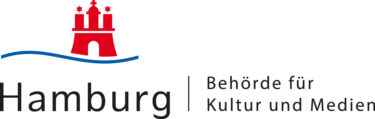 Logo der Hamburger Behörde für Kultur und Medien mit einem roten Turm und blauer Linie