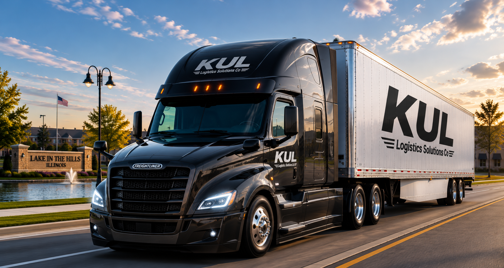 A large black semi-truck with KUL Logistics Solutions Co branding on the side and front, driving on a city street during sunset.
