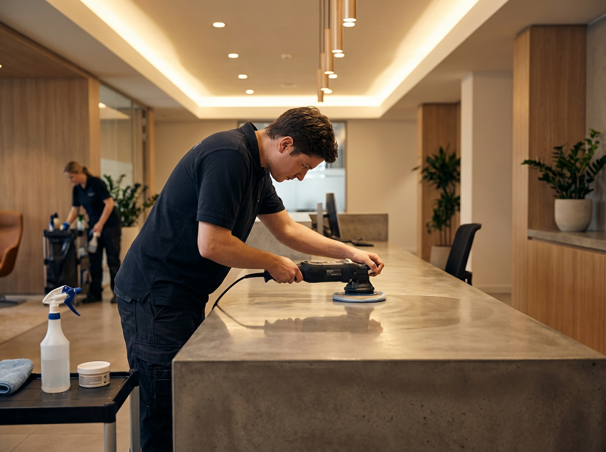 A man polishing a large kitchen island with an electric polisher. A woman in the background is cleaning a cart, and there are cleaning supplies on the side table.