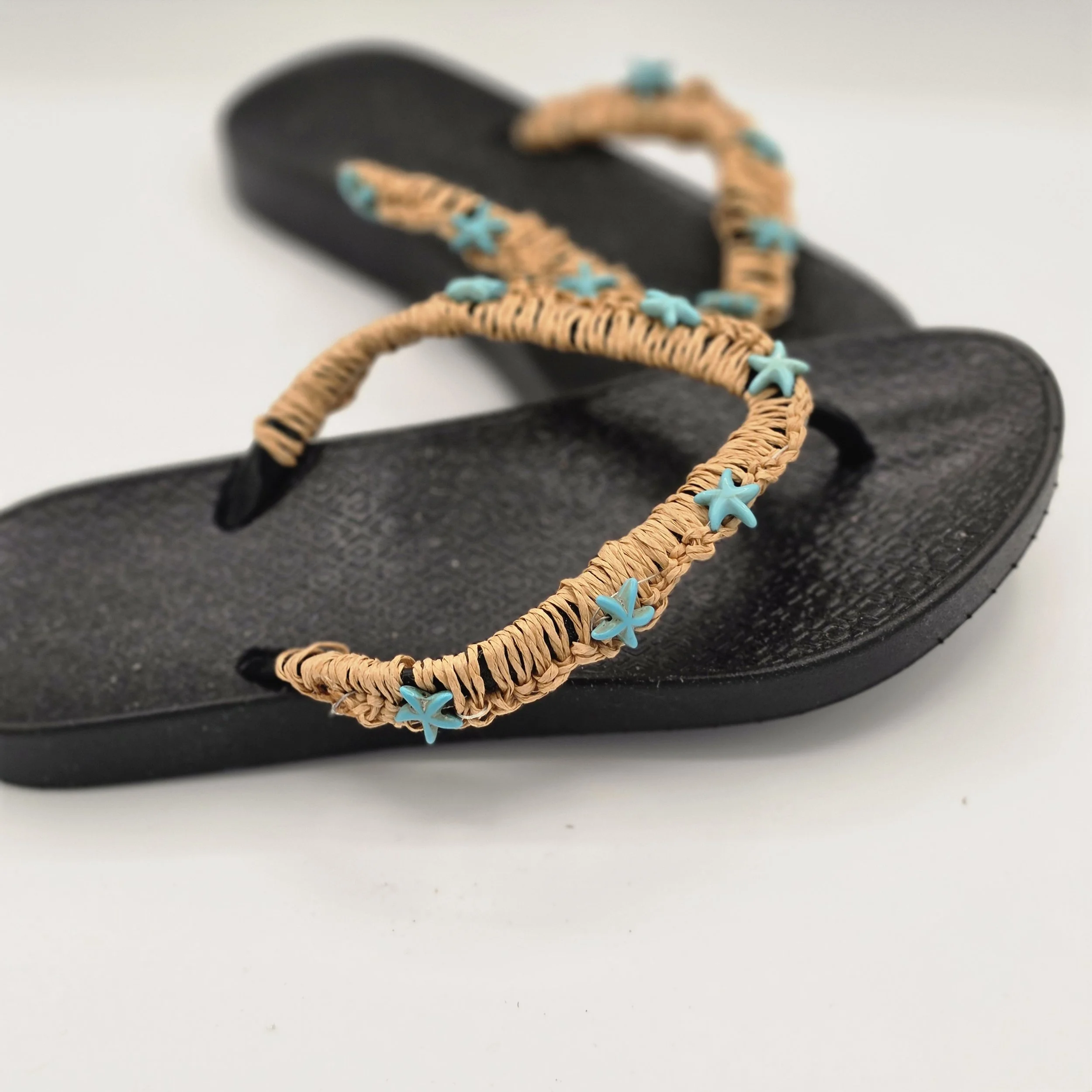 Tan Raffia Flip Flops with shells