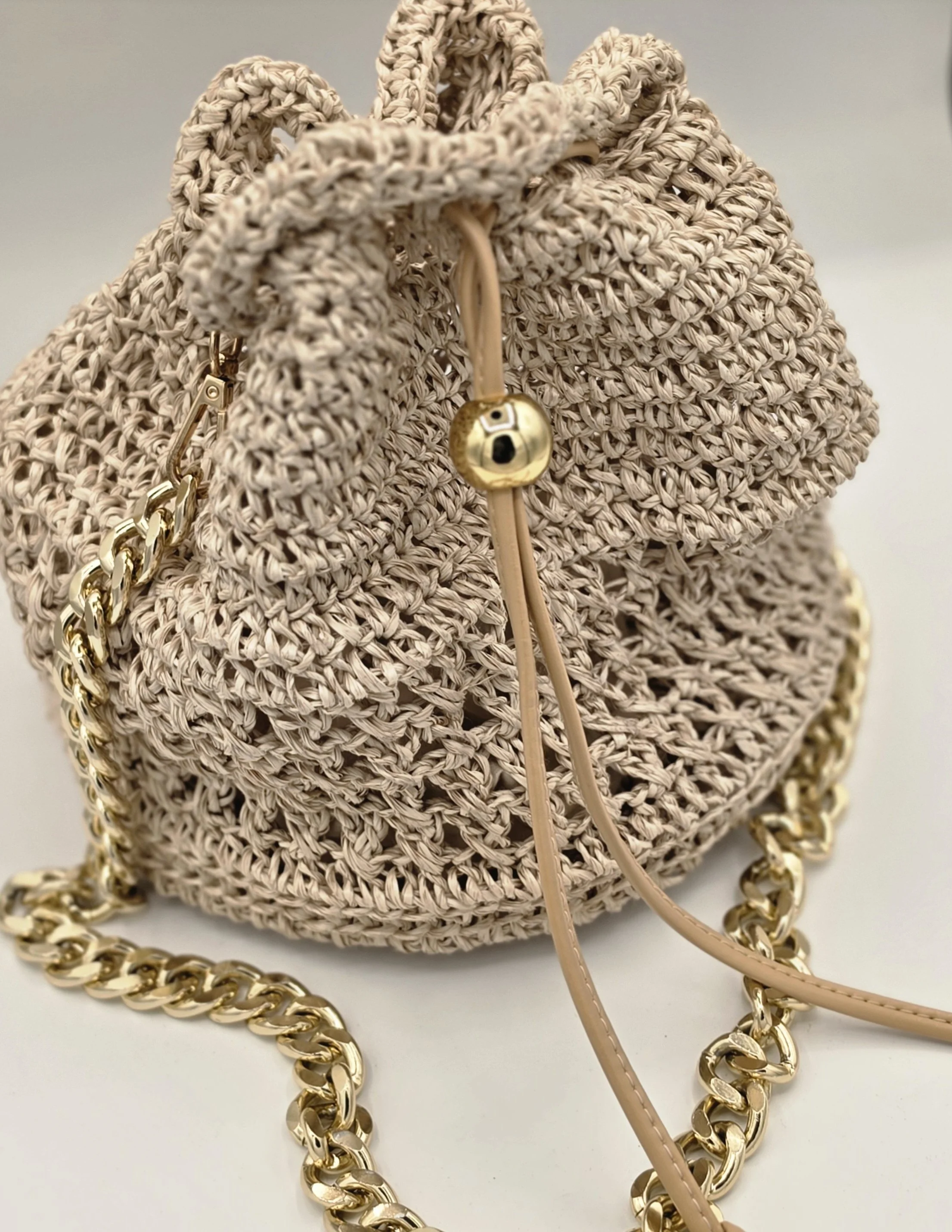 Cream Raffia Drawstring bag with canvas insert