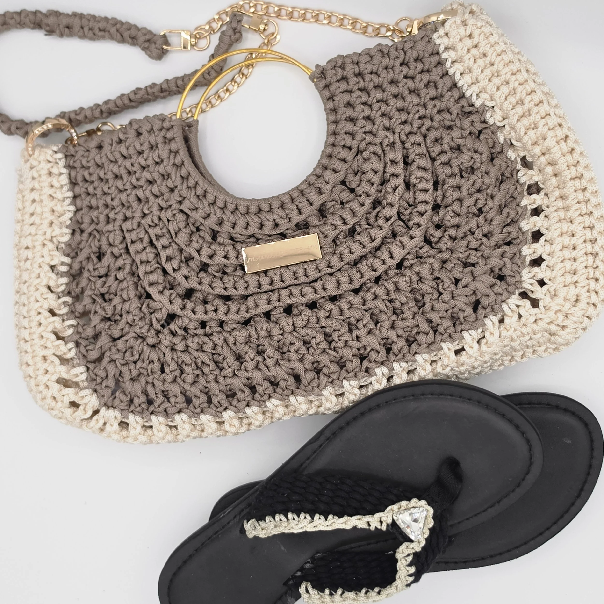 Cream and Mink Purse gold embellishments