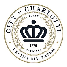 Seal of the City of Charlotte, North Carolina, featuring a crown and laurel branches, with the text 'City of Charlotte, North Carolina, Regina Civitatis, 1775, North Carolina'.