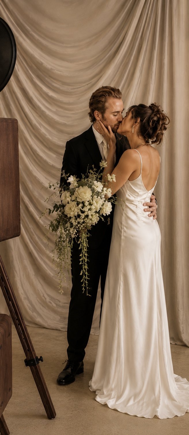 A bride and groom share a kiss during their wedding ceremony, with the bride holding a bouquet of white flowers and greenery. The bride is in a satin gown with thin straps, and the groom is in a black suit. They are standing in front of a beige, draped curtain backdrop.