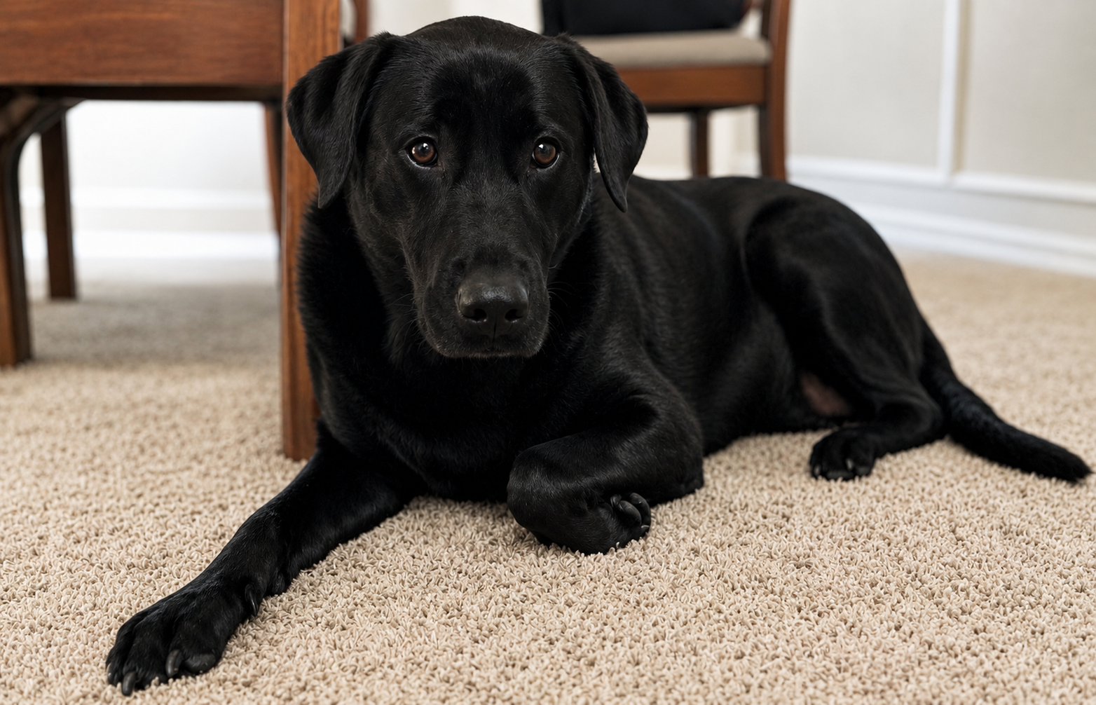 A black Labrador retriever lying on a beige carpet indoors, with a wooden table and chairs in the background.
