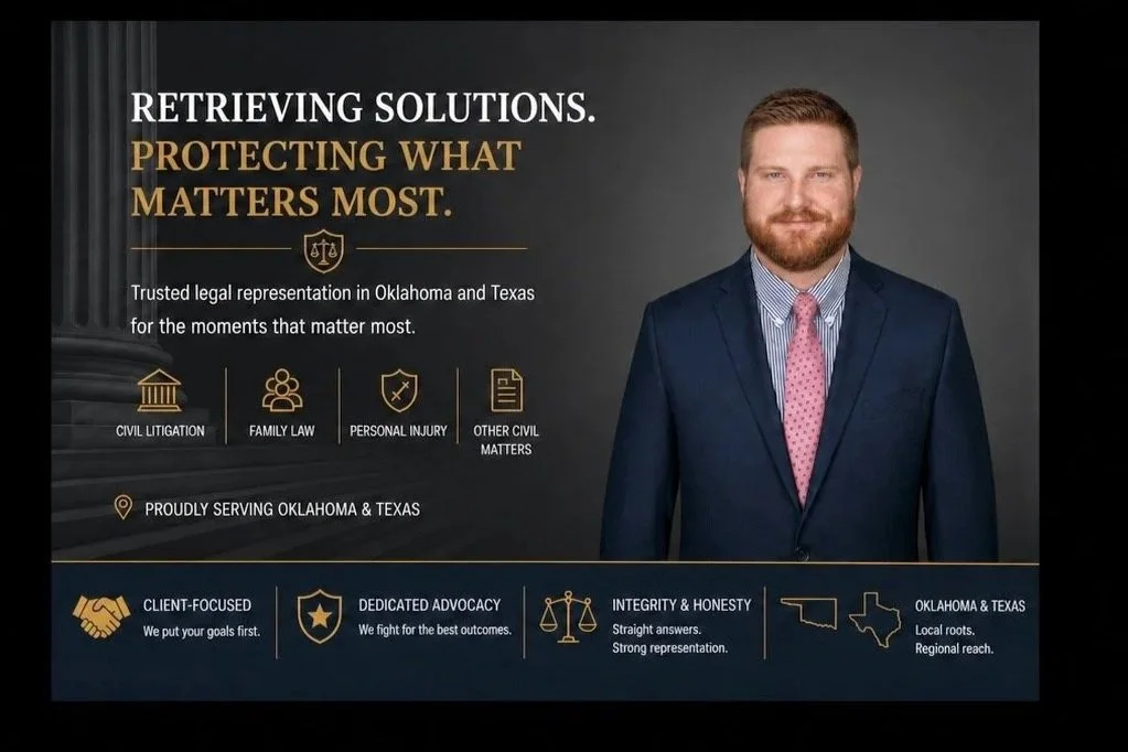 An advertisement for a legal services firm featuring a man in a navy suit with a pink tie. The ad highlights services in civil litigation, family law, personal injury, and other civil matters, serving Oklahoma and Texas. Key values include client-focused service, dedicated advocacy, integrity, honesty, and regional reach.