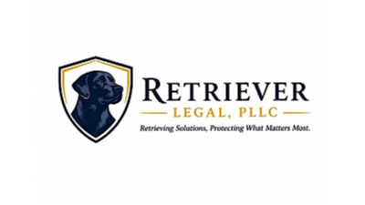 Logo of Retriever Legal, PLLC featuring a black labrador retriever's head inside a shield, with the company name and tagline 'Retrieving Solutions, Protecting What Matters Most.'