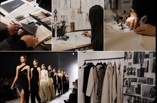 Collage of fashion design process, including fabric selection, sketching, sewing, runway models, and clothing racks.