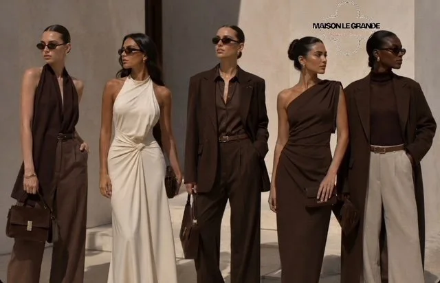 Six women wearing stylish brown and white outfits, standing together in front of a beige wall, some holding handbags and all wearing sunglasses.
