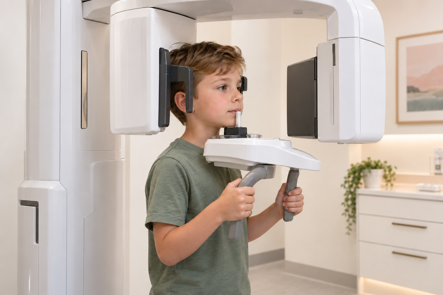 Illustration of a child positioned in a panoramic dental X-ray machine