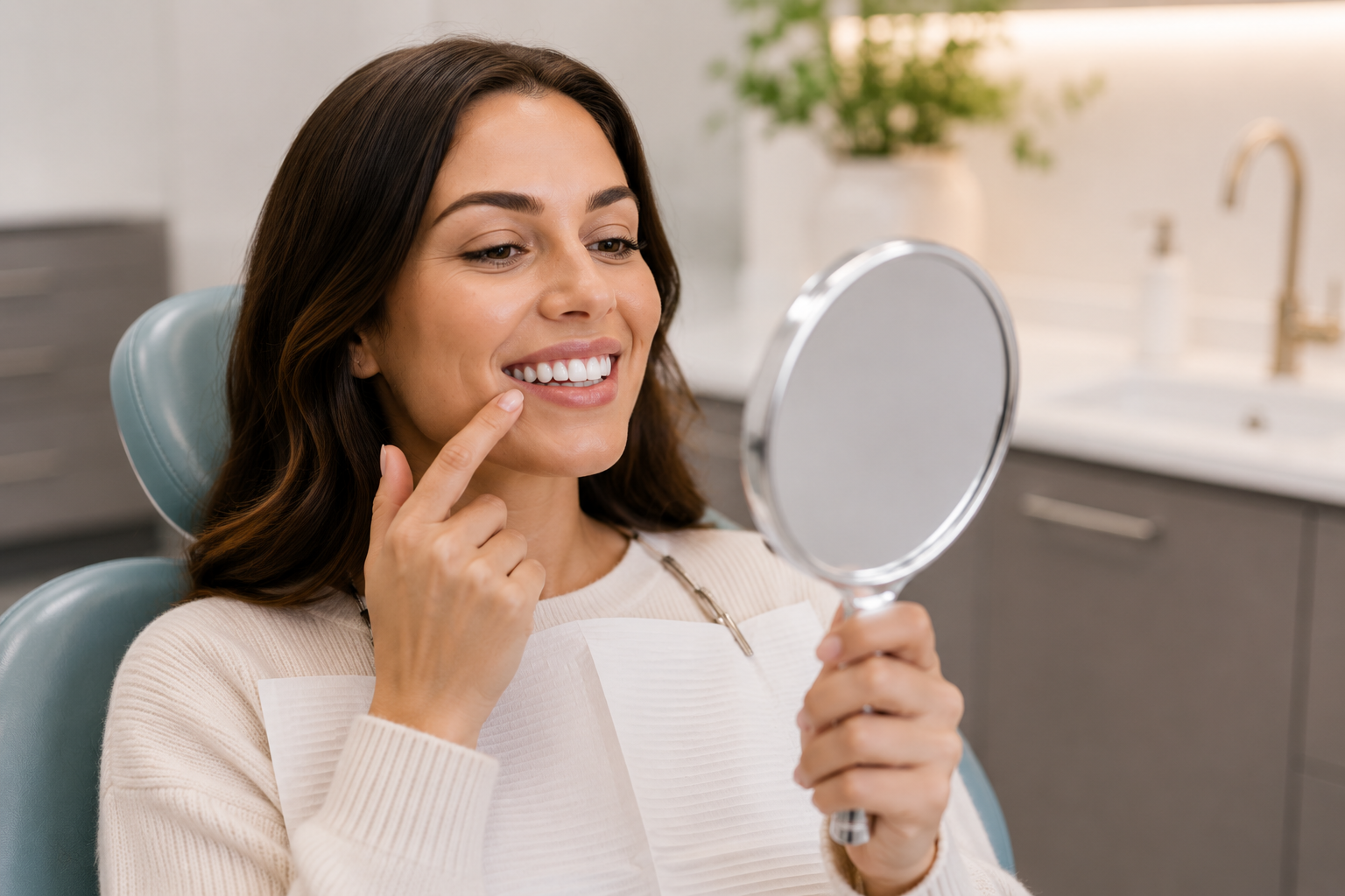 Patient admiring her smile after cosmetic dental treatment at Soar Valley Dental Practice in Barrow upon Soar