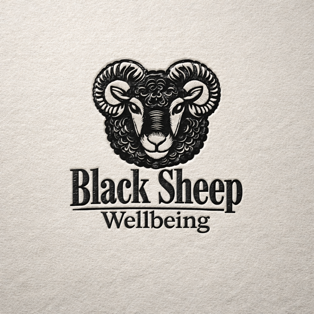 Logo of a black ram's head with curly horns and detailed face, text reading 'Black Sheep Wellbeing' in black font on light textured background.