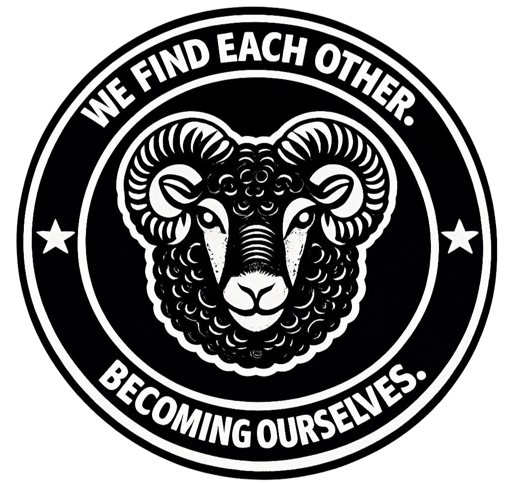 A circular black and white emblem with the text "We find each other. Becoming ourselves." surrounding the image of a ram's head  and curly  wool.