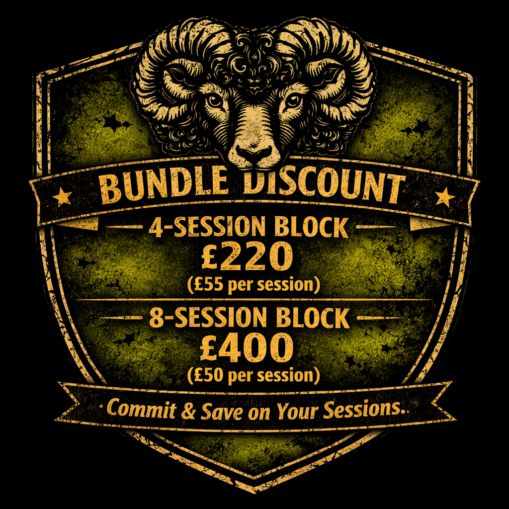 A promotional poster for a discount bundle on training session blocks, featuring a rams head illustration at the top and a green and black shield background.