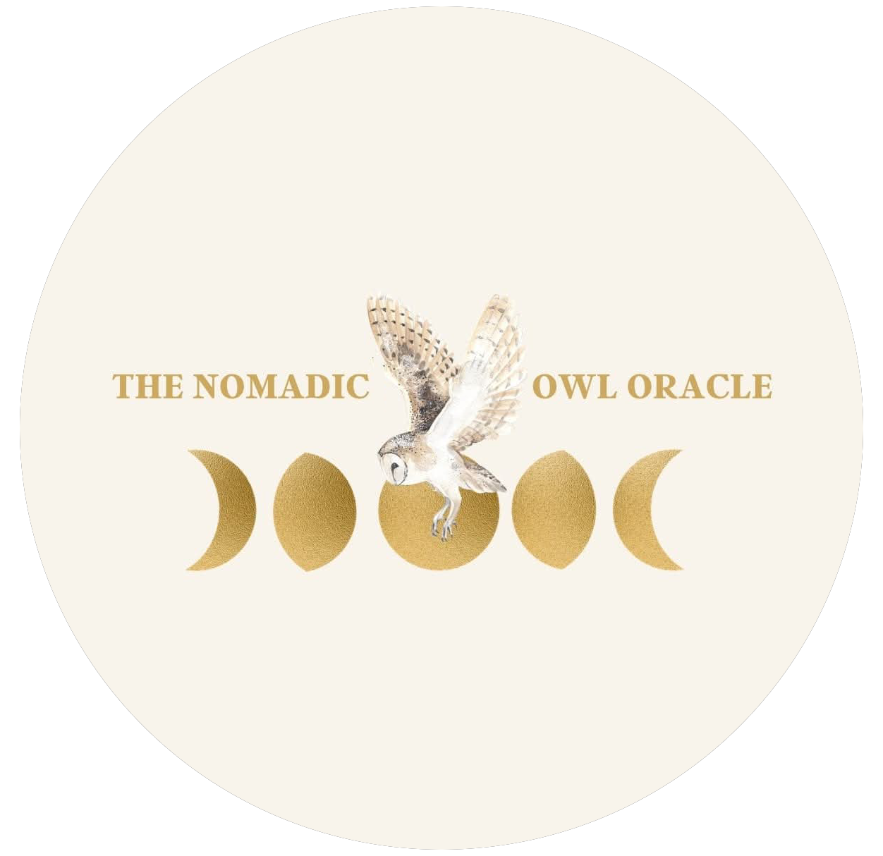 A circular design featuring a central illustration of an owl with outstretched wings and the text 'The Nomadic Owl Oracle' surrounding it. Below the owl are five gold phases of the moon, from waxing crescent to waning crescent.