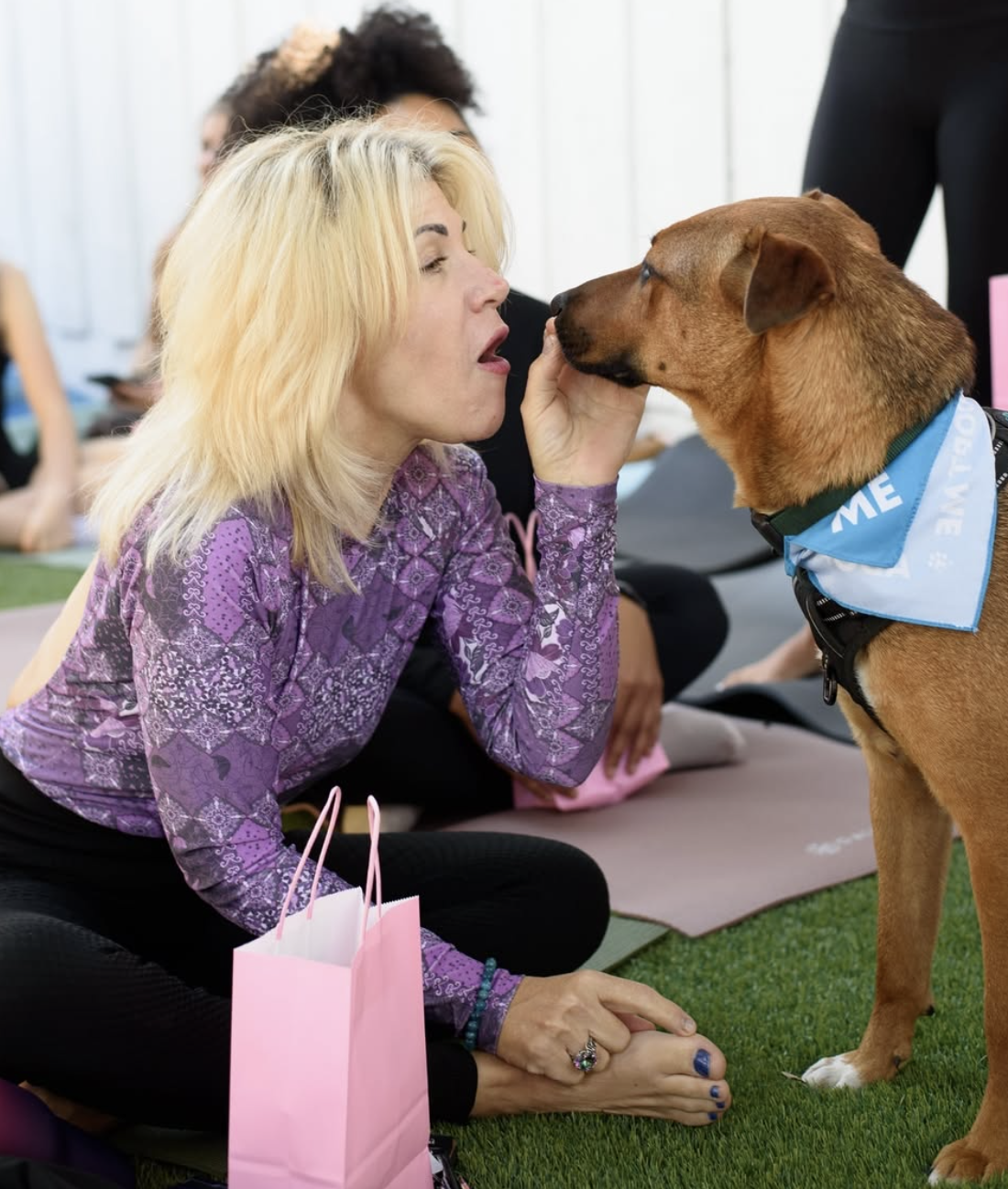 Woman with long blonde hair in a purple patterned top petting a brown dog with a blue bandana during a dog therapy session.