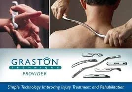 Image of medical tools for injury treatment, a person receiving therapy, and an advertisement for Graston Technique provider