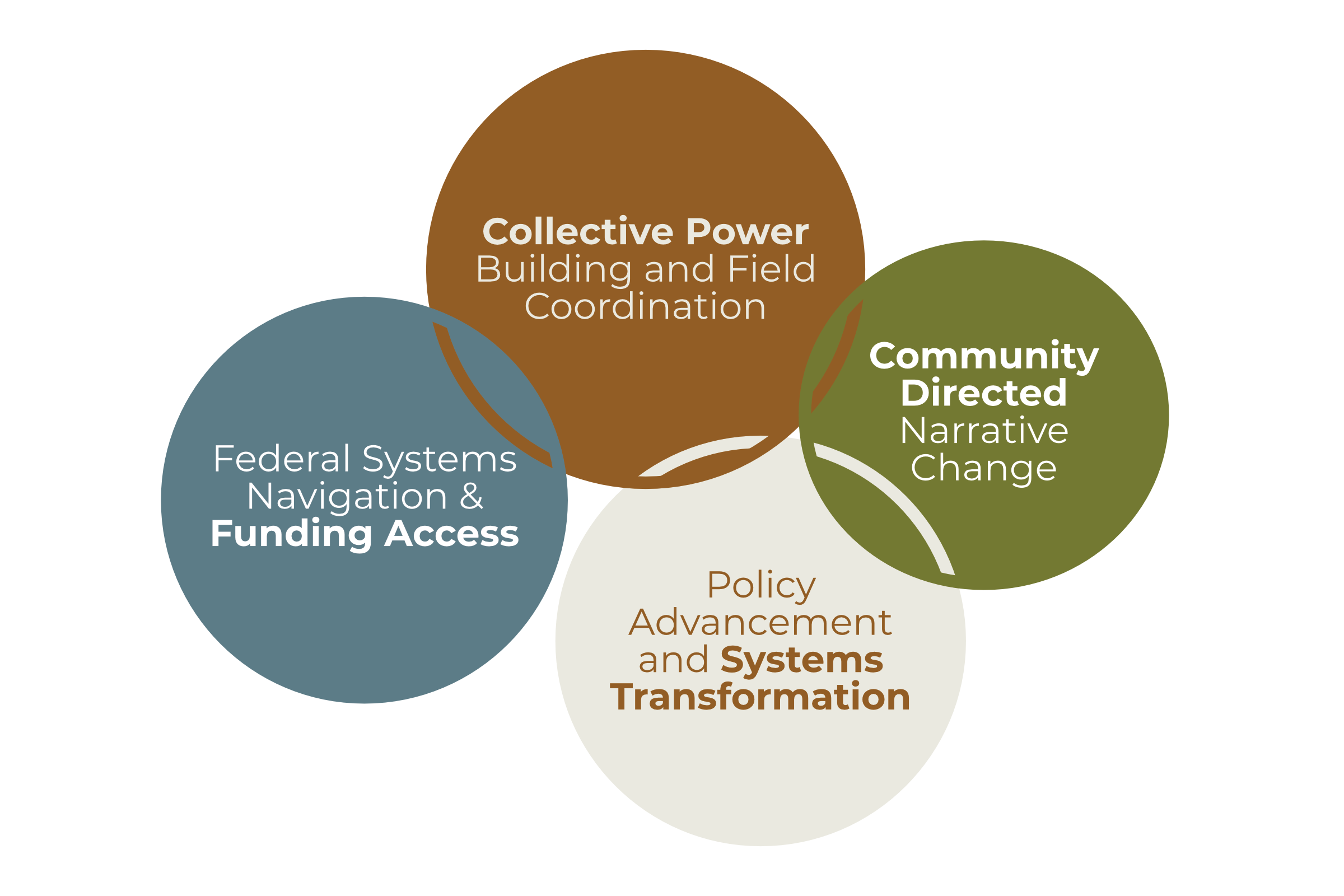 Venn diagram illustrating RootHub's strategic lanes for federal systems navigation and funding access, collective power building and field coordination, community-directed narrative change, and policy advancement and systems transformation.