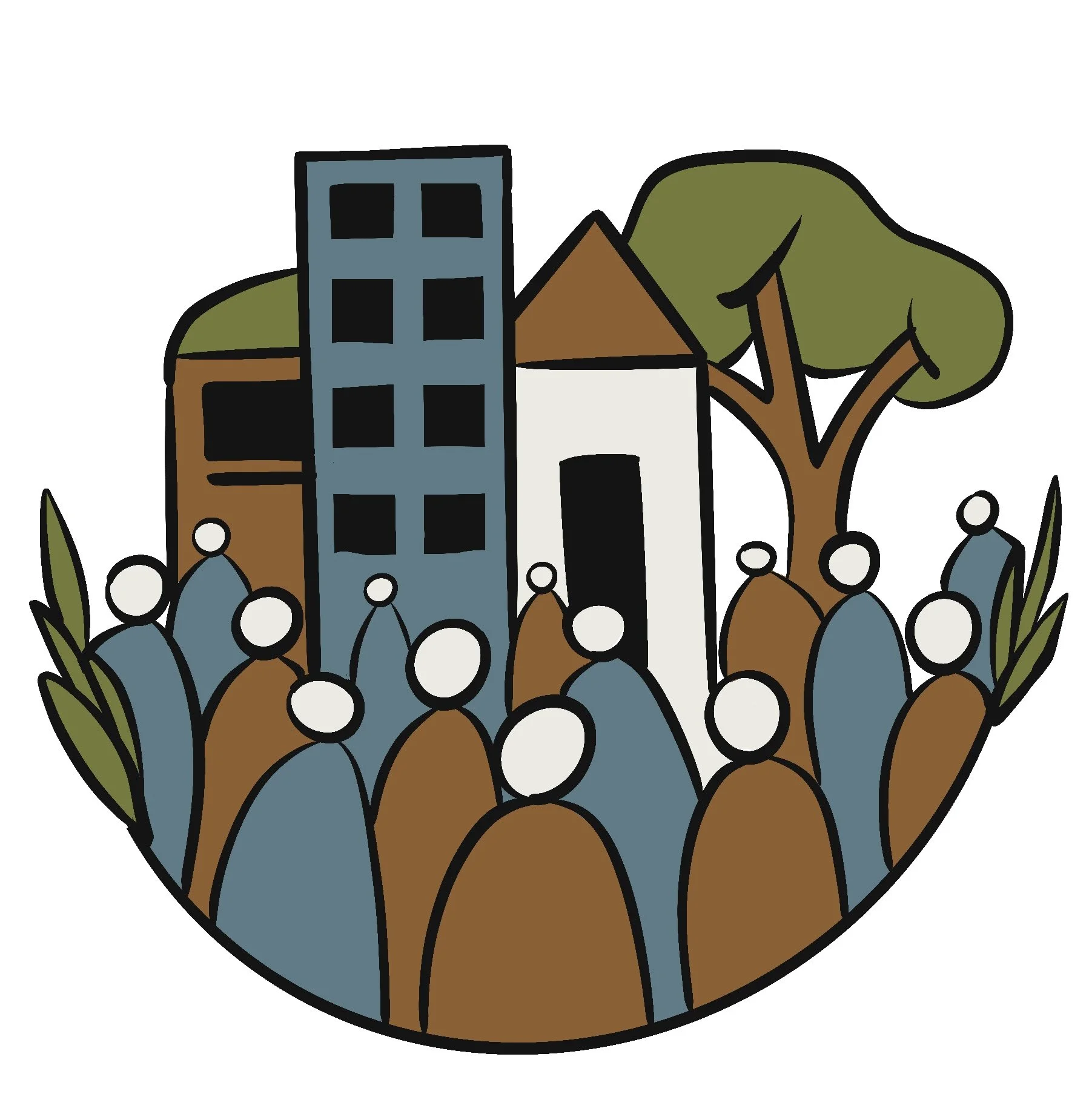 Illustration of a small cityscape with various colorful buildings, trees, and people in a cartoon style.