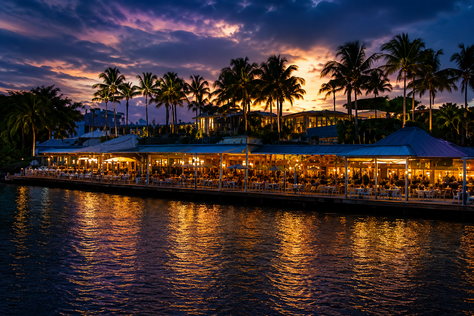 An outdoor waterfront restaurant illuminated with lights during sunset, with palm trees and buildings in the background.