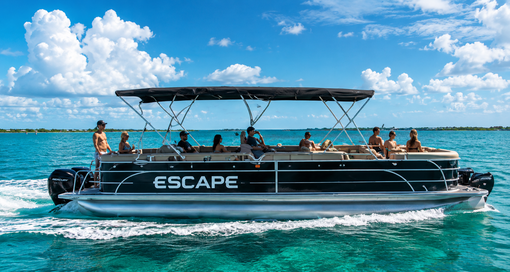 A group of people on a black and beige pontoon boat named 'Escape' cruising on blue water under a partly cloudy sky.