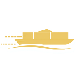 Simplified illustration of a cruise ship with yellow color, traveling on water with a slight wave.