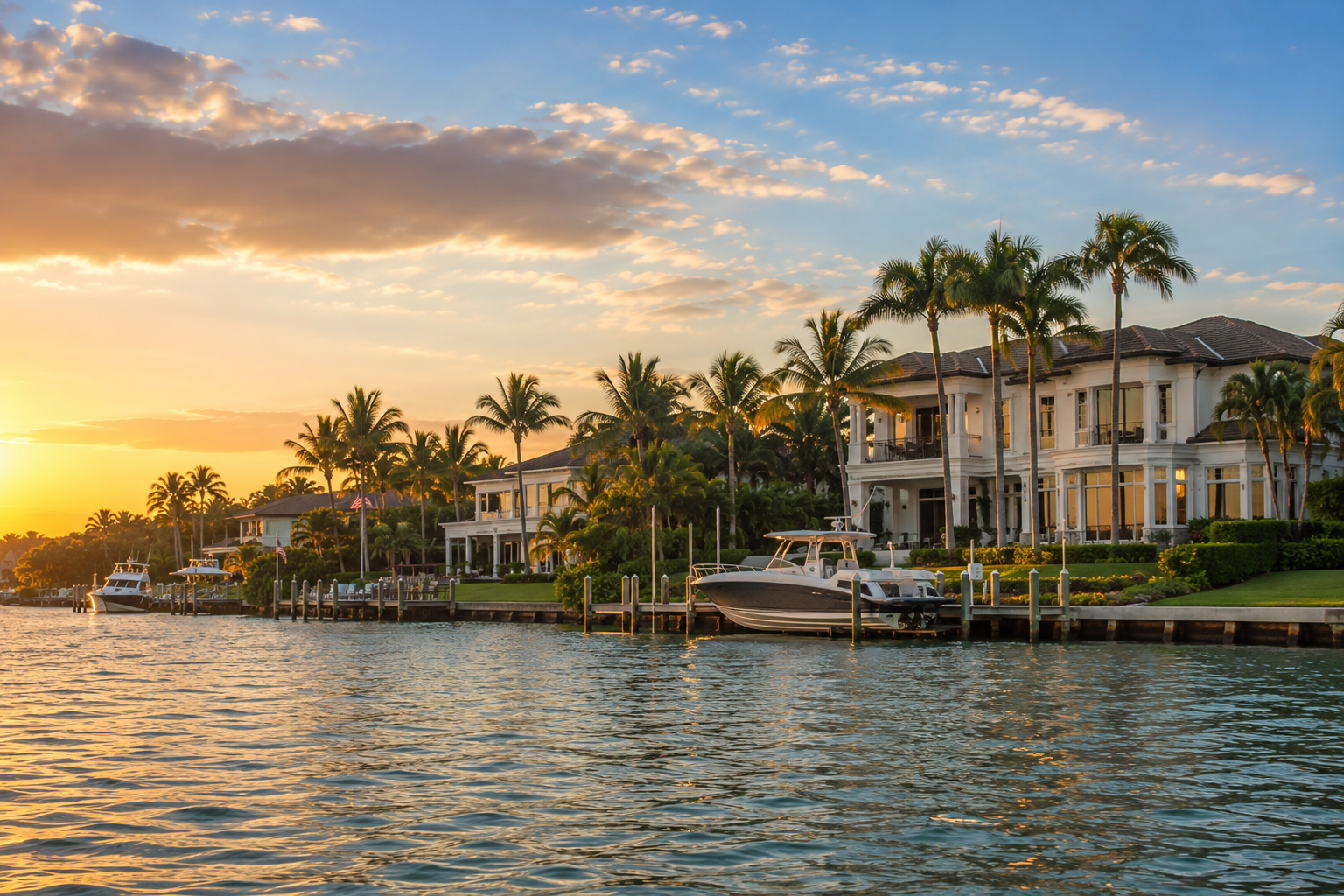 Luxury waterfront homes with palm trees at sunset, featuring boats docked along the canal.