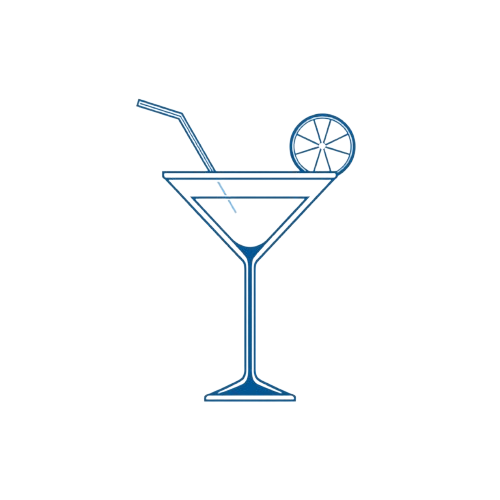 Illustration of a cocktail glass with a straw and a lemon slice garnish.