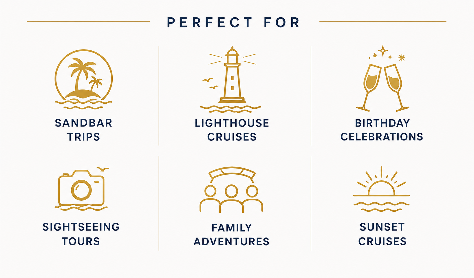 A promotional graphic showcasing six vacation activities with icons and labels: sandbar trips with a palm tree and water, lighthouse cruises with a lighthouse and birds, birthday celebrations with two clinking glasses, sightseeing tours with a camera and bird, family adventures with three people, and sunset cruises with a setting sun over water.