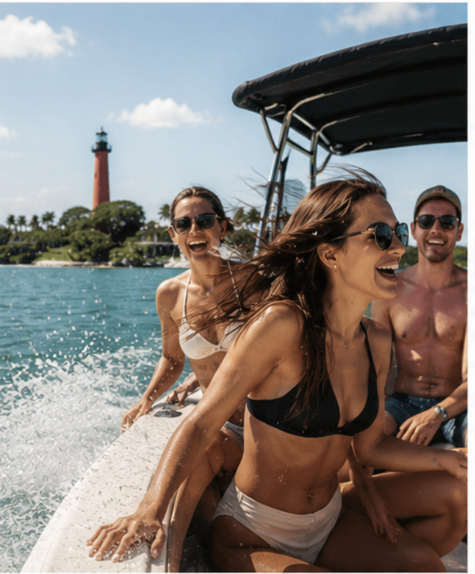 Group of friends on a boat enjoying a sunny day, with a lighthouse and shoreline in the background.