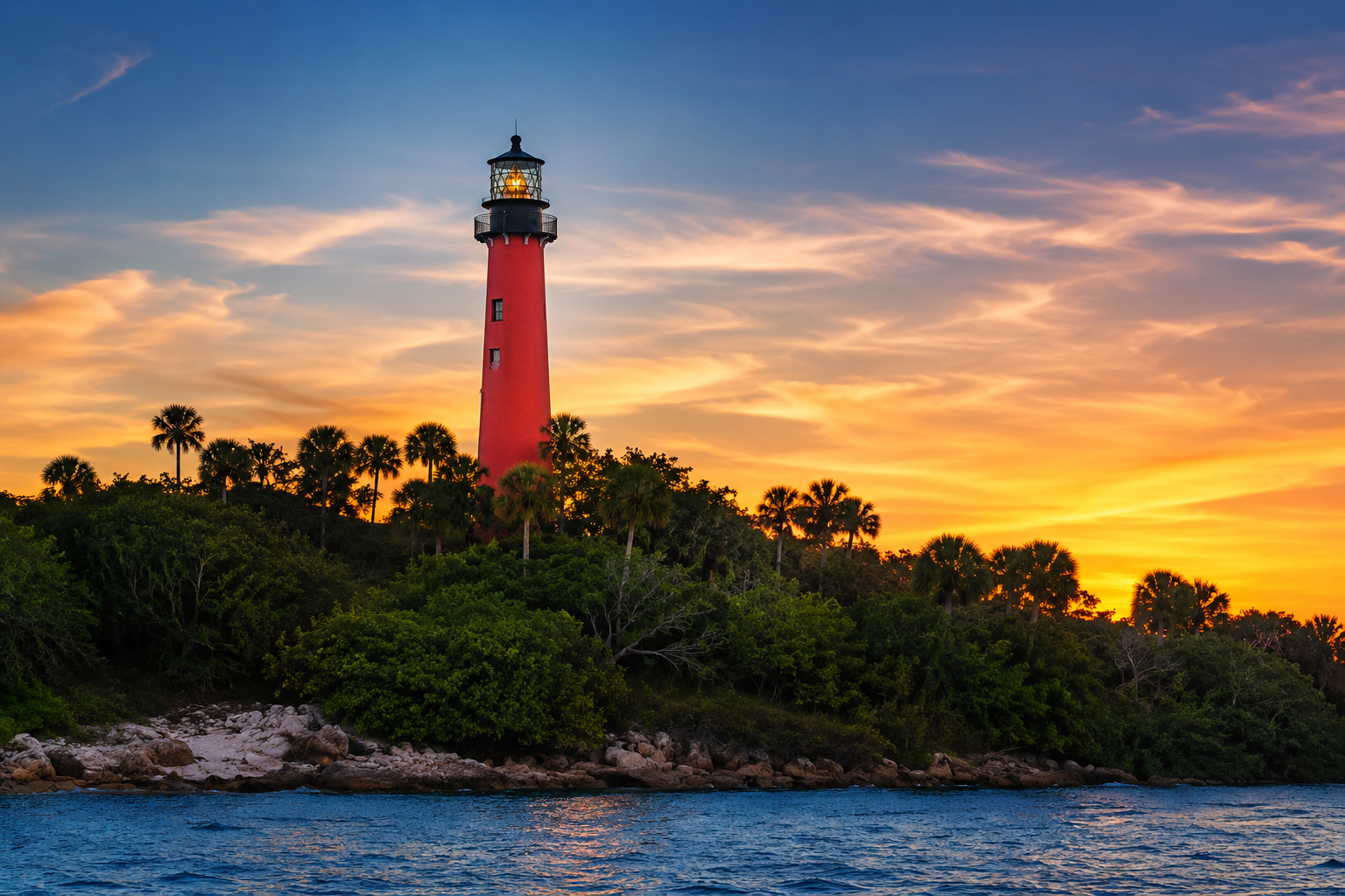 A red lighthouse on a green island with palm trees at sunset, with water in the foreground and a colorful sky.