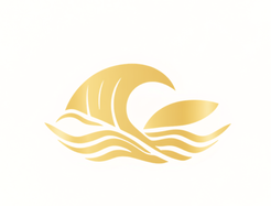 Gold-colored logo of a stylized wave and dolphin jumping over water