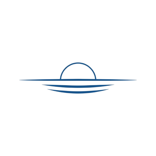 Simple logo with a semi-circle rising above a horizontal line, resembling a sunrise or sunset over water.