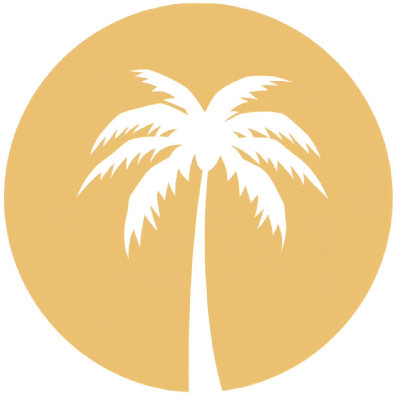 A stylized white outline of a palm tree within a circular beige background.