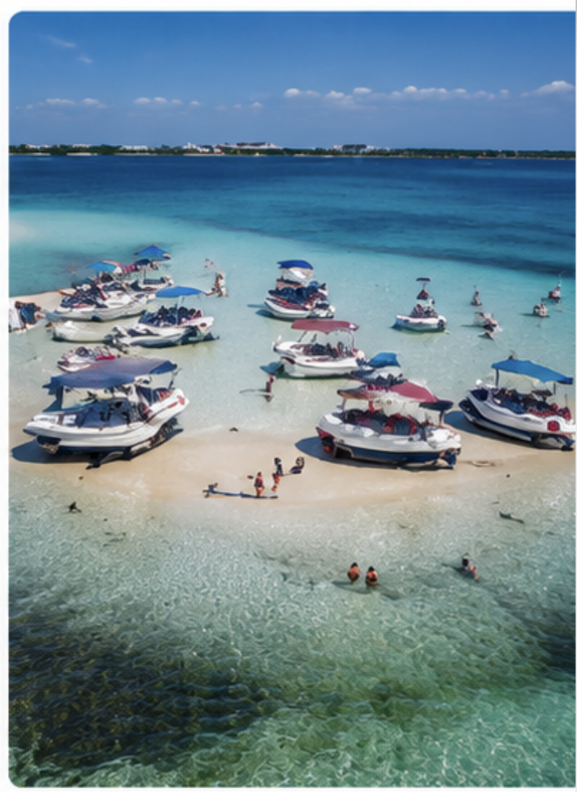 Multiple boats with canopies docked on a sandy beach near clear turquoise water, with people relaxing and swimming in the shallow area.