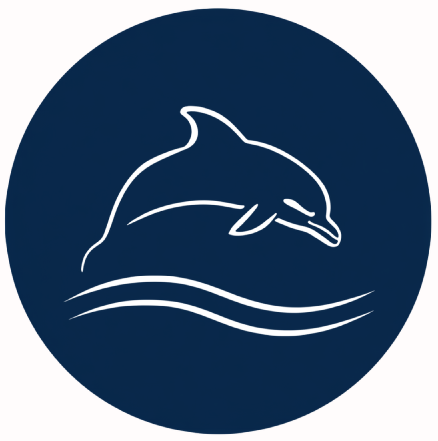 Logo featuring a white outline of a dolphin jumping over water, encased in a navy blue circle.