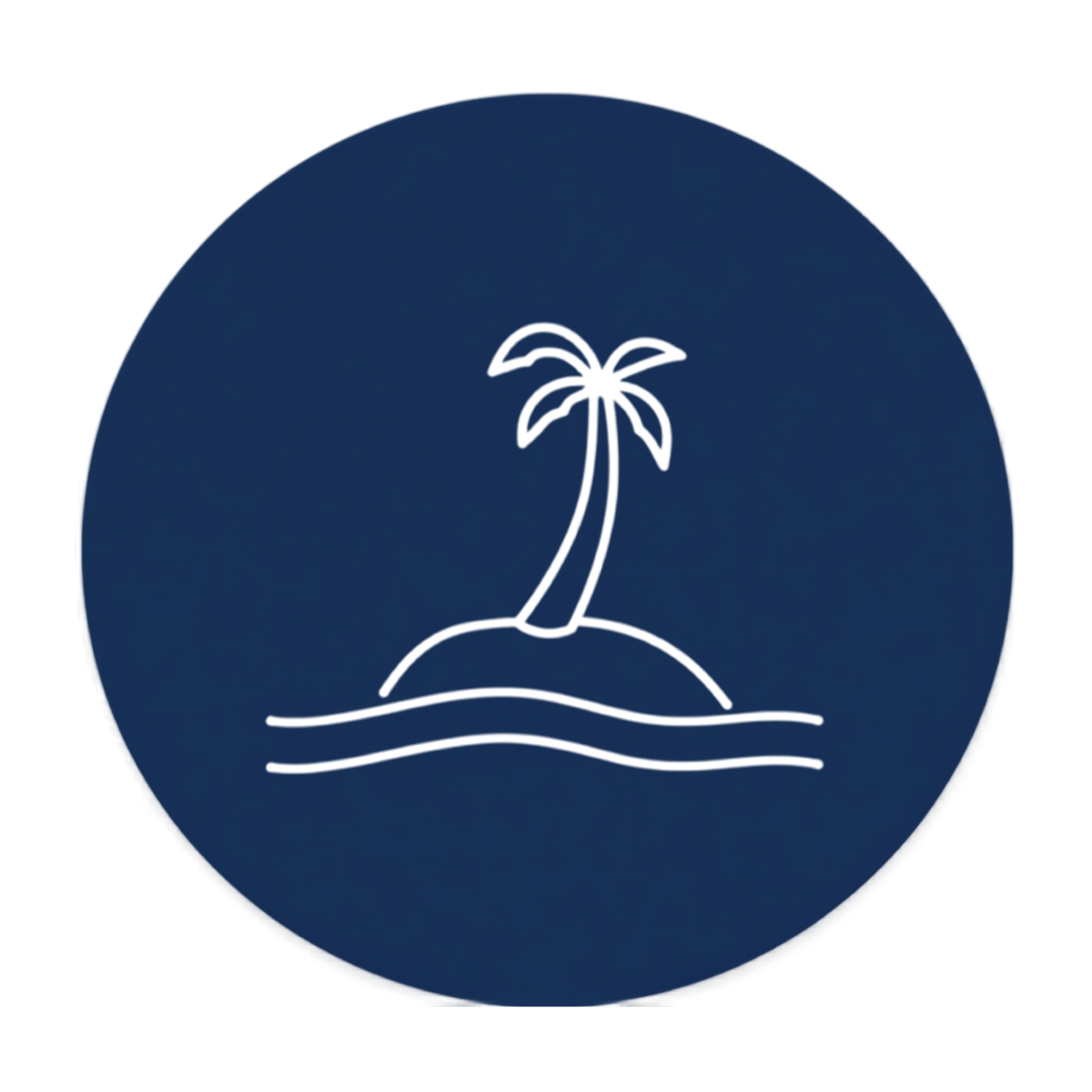 Stylized illustration of a palm tree on a small island with water, set against a dark blue circular background.