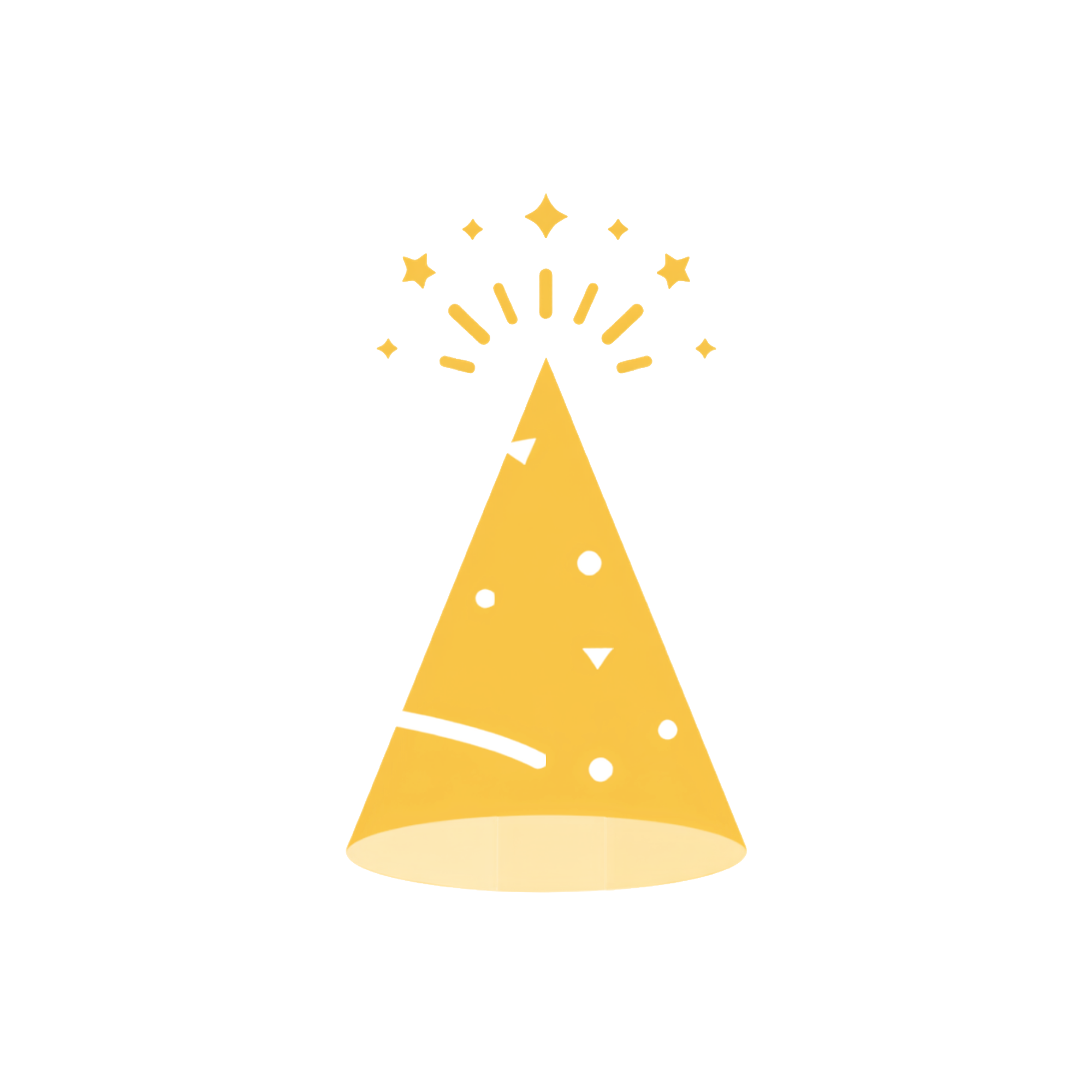 Golden party hat with white polka dots and a white brim, decorated with shining stars and sparkles.