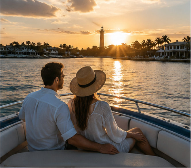 Couple sitting on a boat at sunset, with a lighthouse and palm trees in the background.