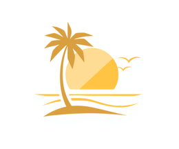 Sunset over a beach with a palm tree and two birds in the sky