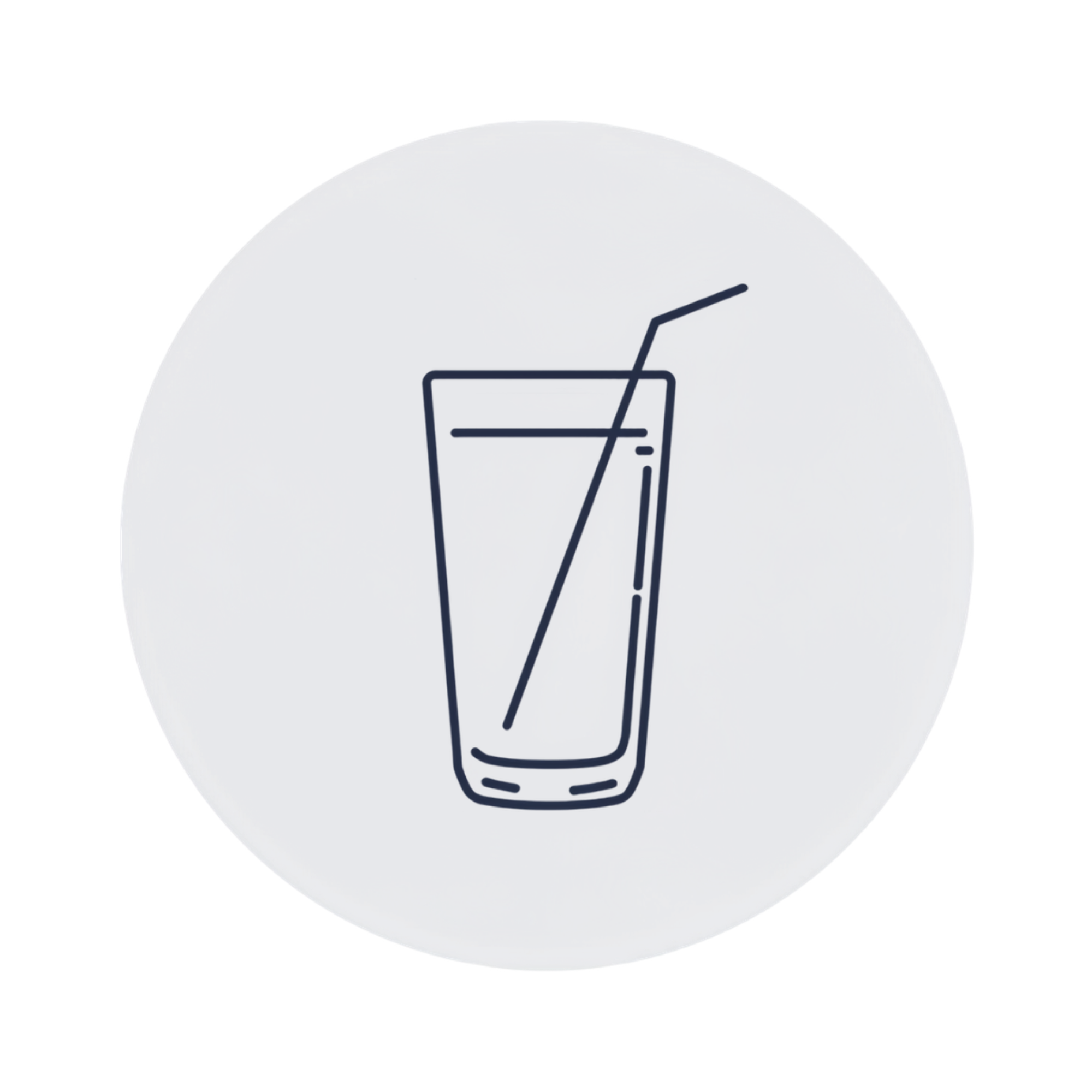Minimalist line drawing of a glass with a straw on a white circular background.