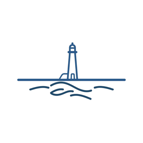 A drawing of a lighthouse on the coast with waves in the foreground.