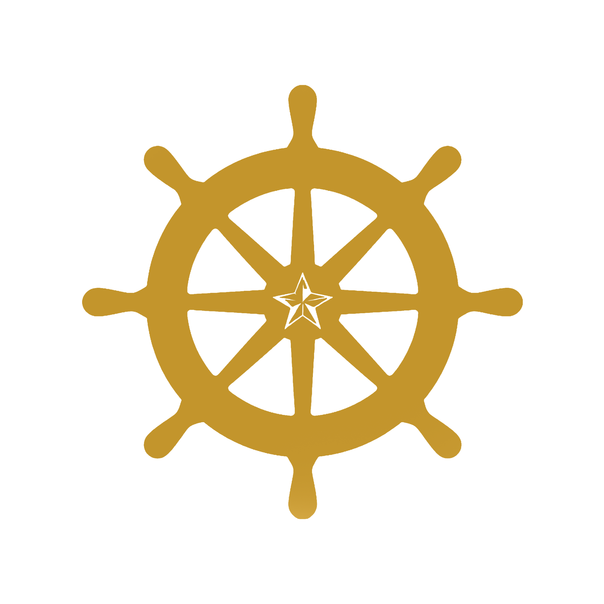 Gold-colored ship steering wheel with black background