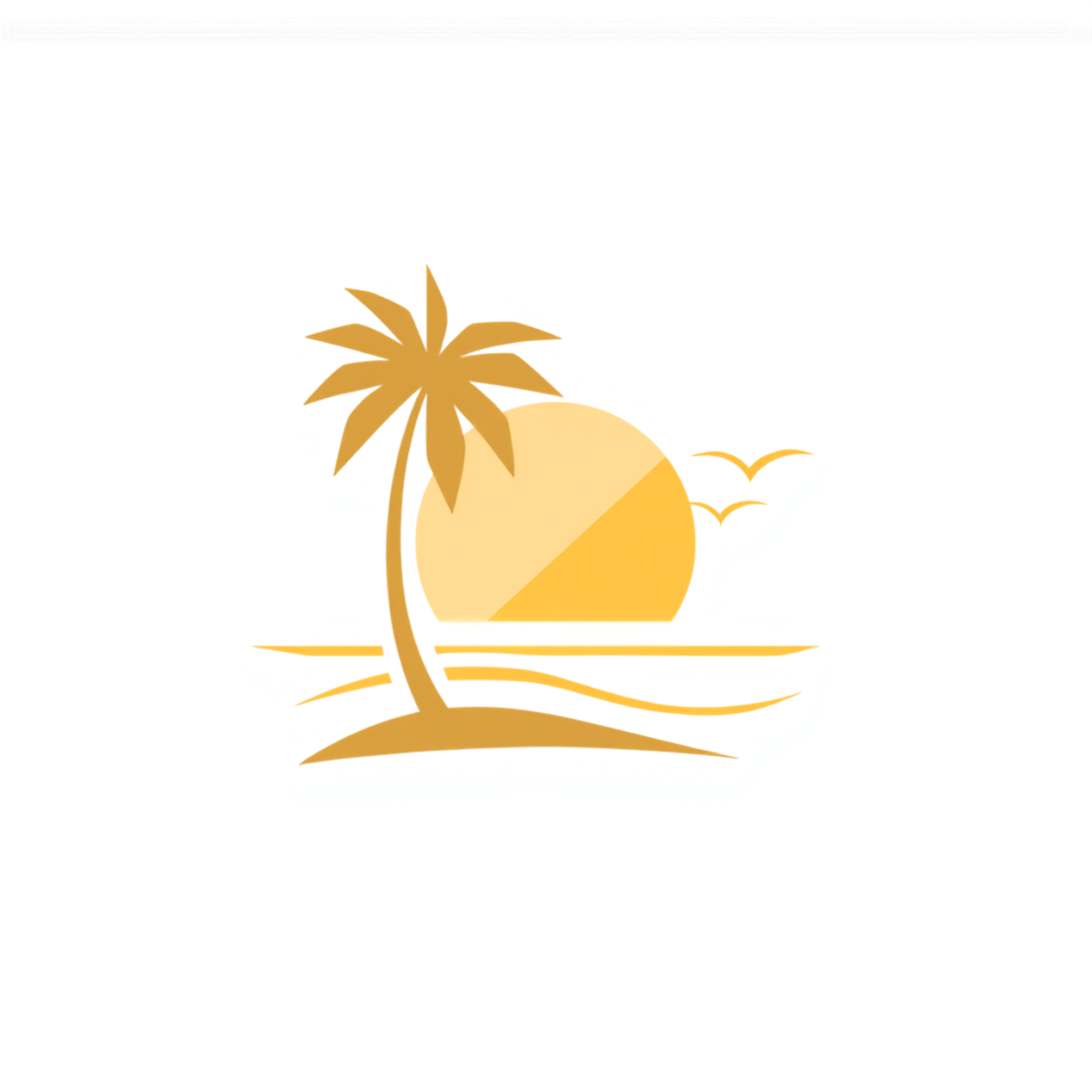 Simplified illustration of a tropical scene with a palm tree, sunset, and birds flying in the sky.