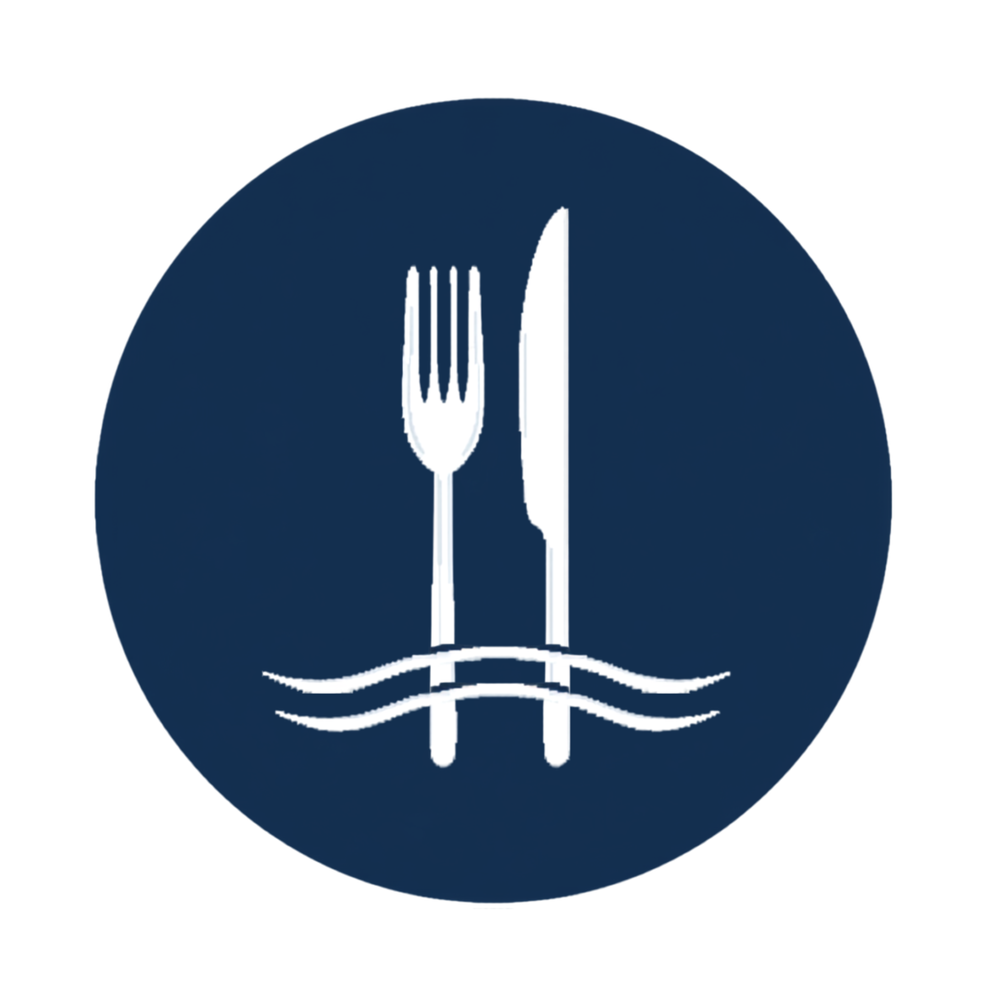 A dark blue circular icon with a white fork and knife crossed in the center.