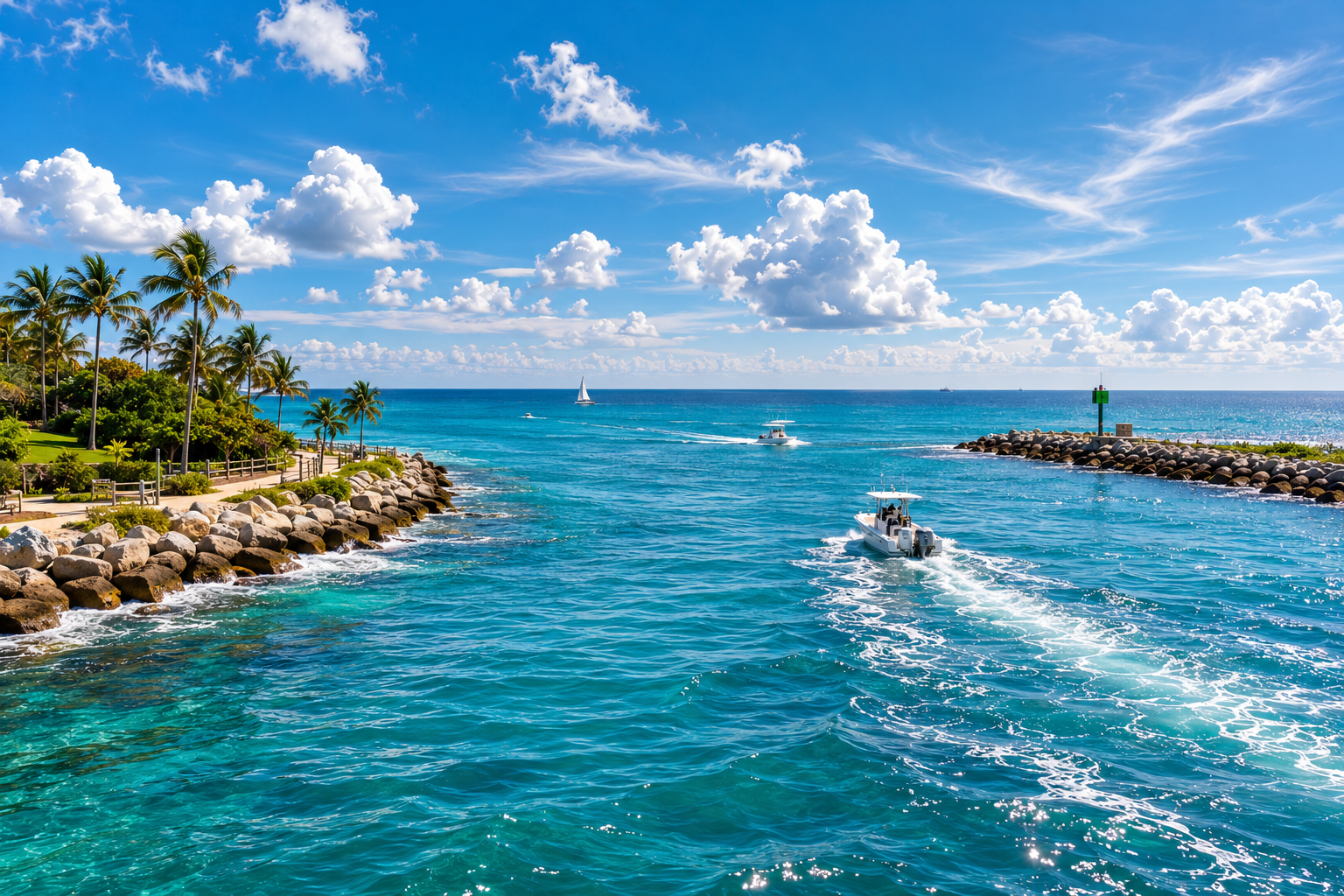 A tropical seaside scene with a stone breakwater, palm trees, and a lush green landscaped area on the left. The blue ocean with small boats and a sailboat in the distance. The sky is partly cloudy with white clouds and streaks of clouds, creating a bright, sunny day.