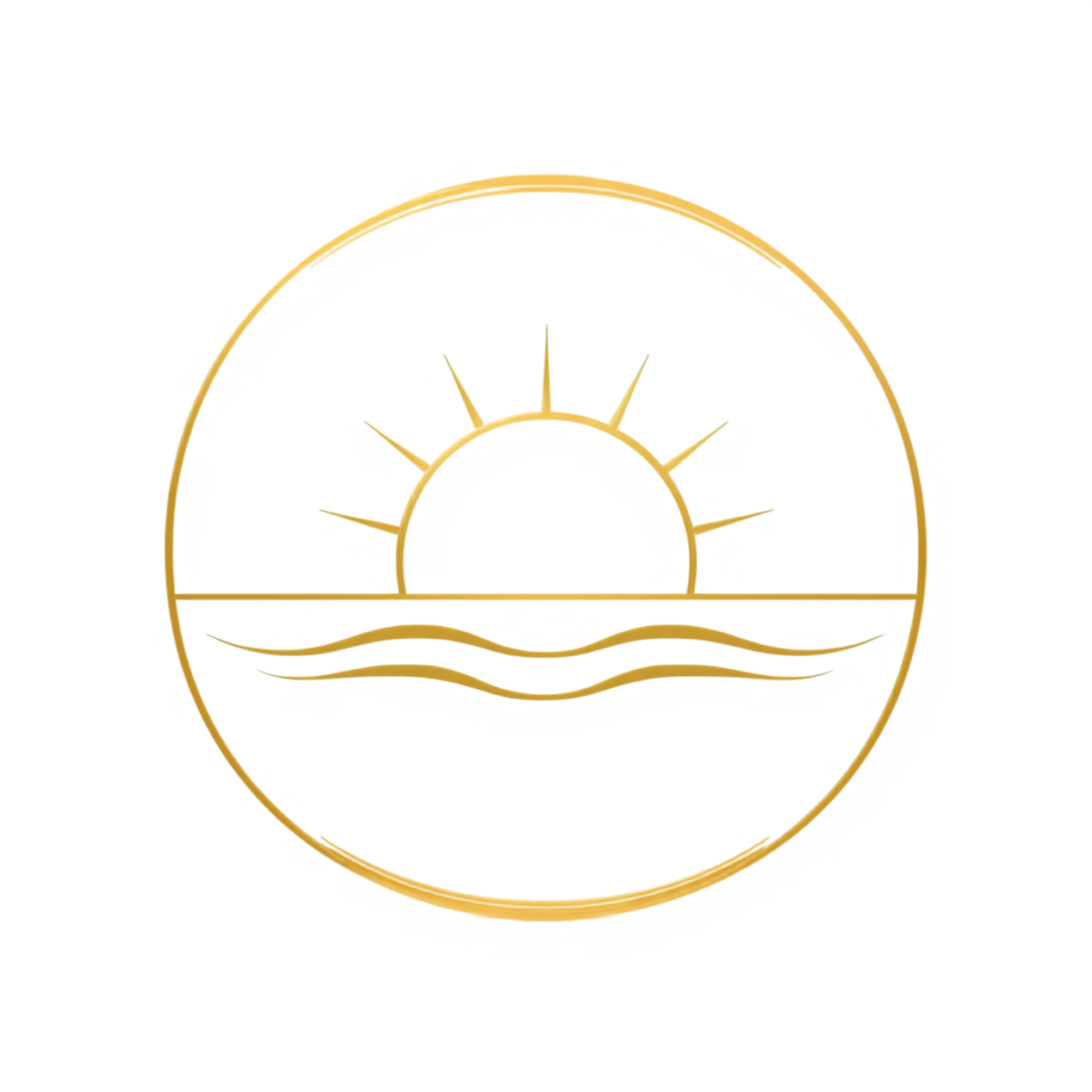 Golden outline of a rising sun inside a semi-circle, with rays extending outward, on a white background.